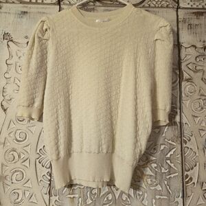 Womens Cream Textured Short Sleeve Sweater Sz L Soft Casual Jeans Layers Fall